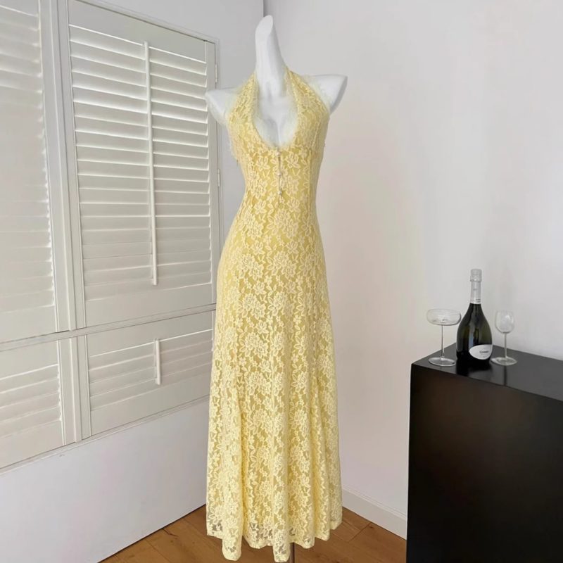 High-Grade French V-Neck Lace Halter Maxi Dress