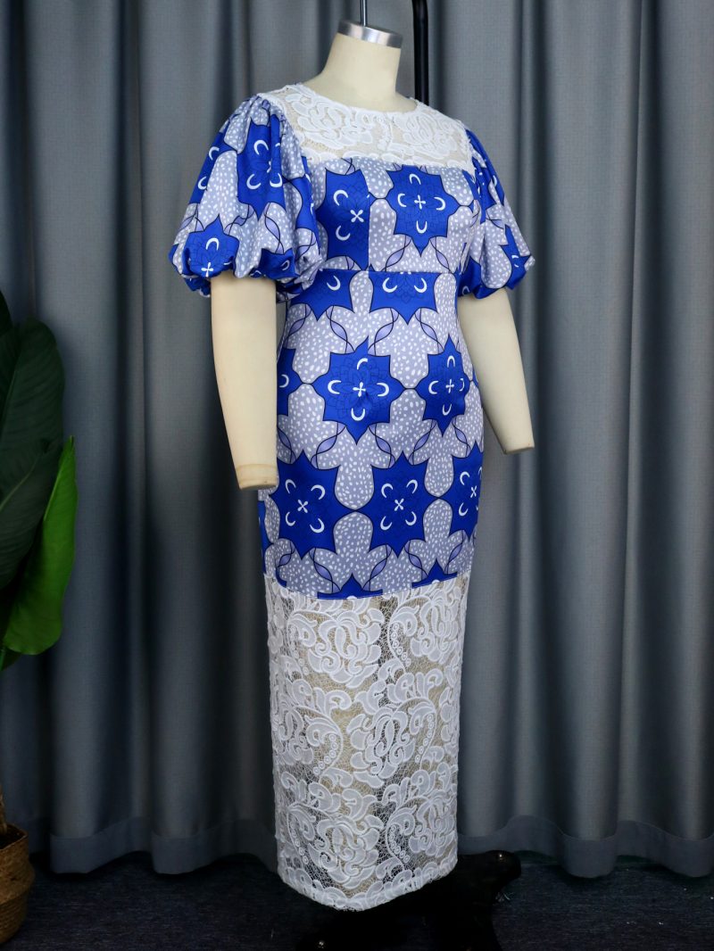 Women’s Printed Lace Stitch Lantern Sleeve Dress - Image 2