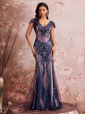 Sequin V-Neck Short Sleeve Elegant Cocktail Dress