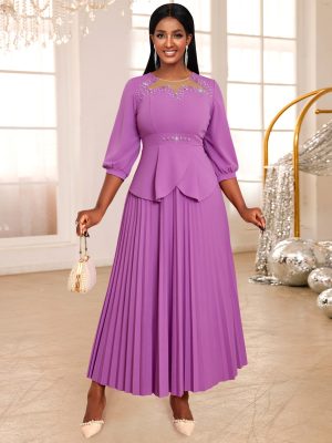 Beaded Pleated A-Line Party Dress with Sleeves