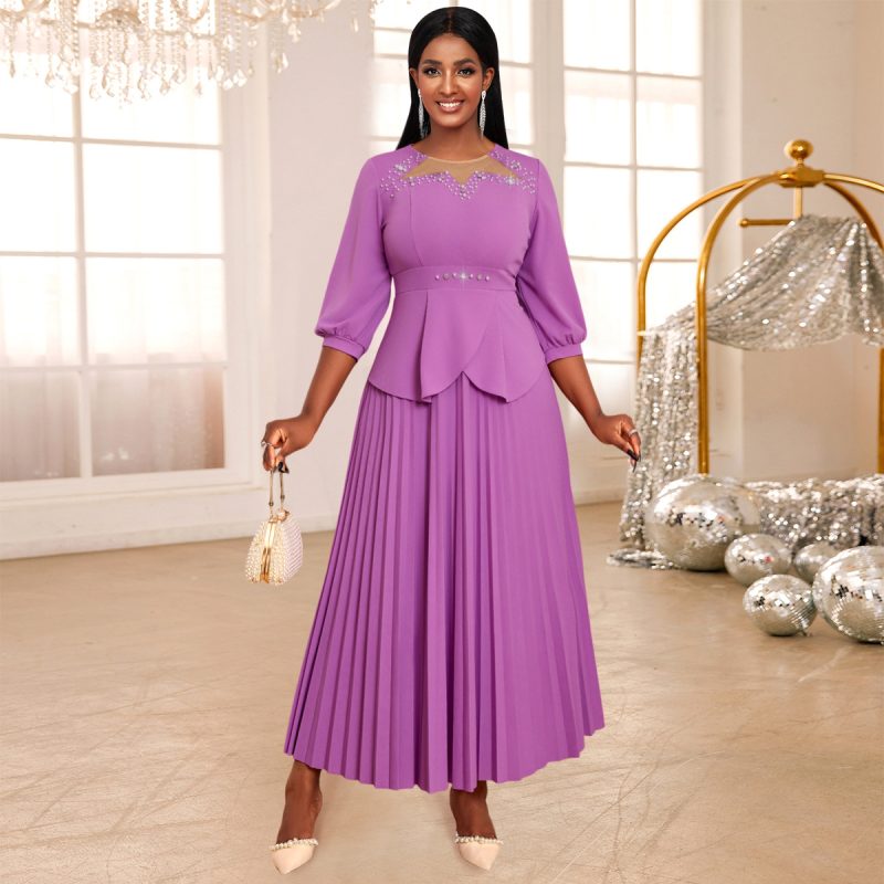 Beaded Pleated A-Line Party Dress with Sleeves