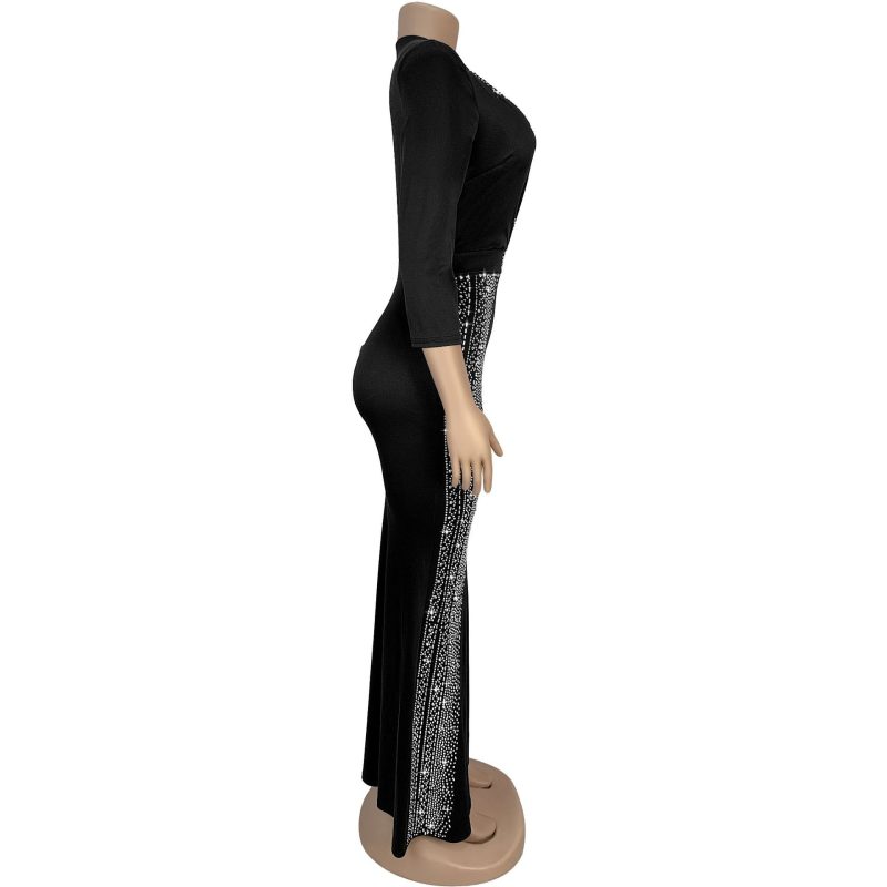 Elegant Rhinestone Half Sleeve V-Neck Dress Women - Image 3