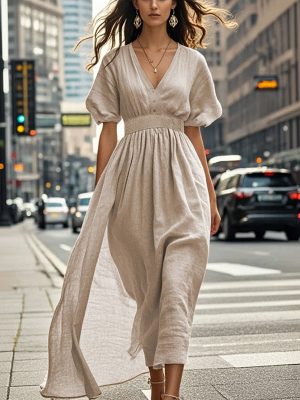 Women’s Cotton Linen Loose V-Neck Dress
