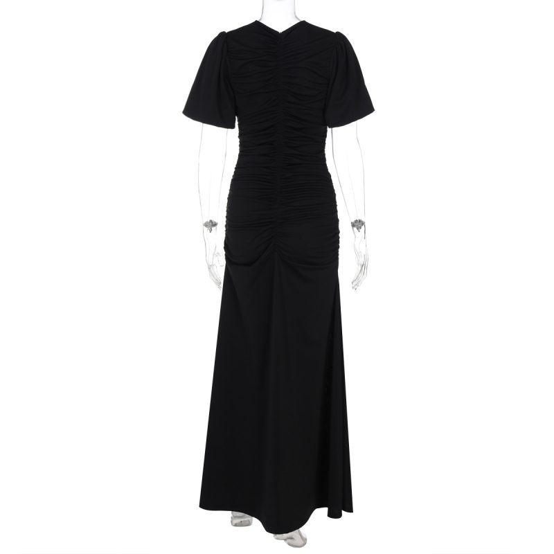 Elegant Short Sleeve Slimming Pleated Waist Maxi Dress - Image 3