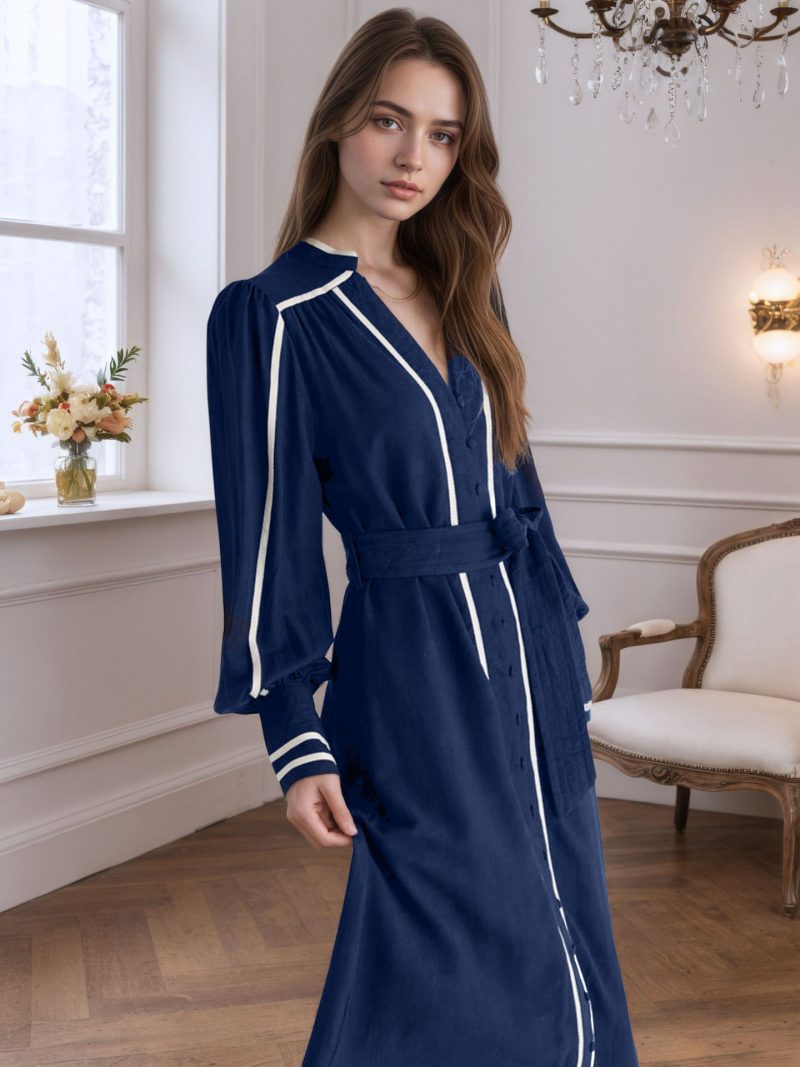 Retro Women’s V-Neck White Striped Tie Dress - Image 2