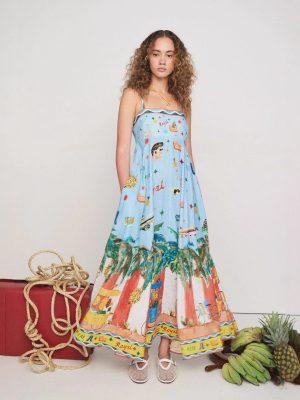 Spring Summer Sling Graffiti Print Swing Dress