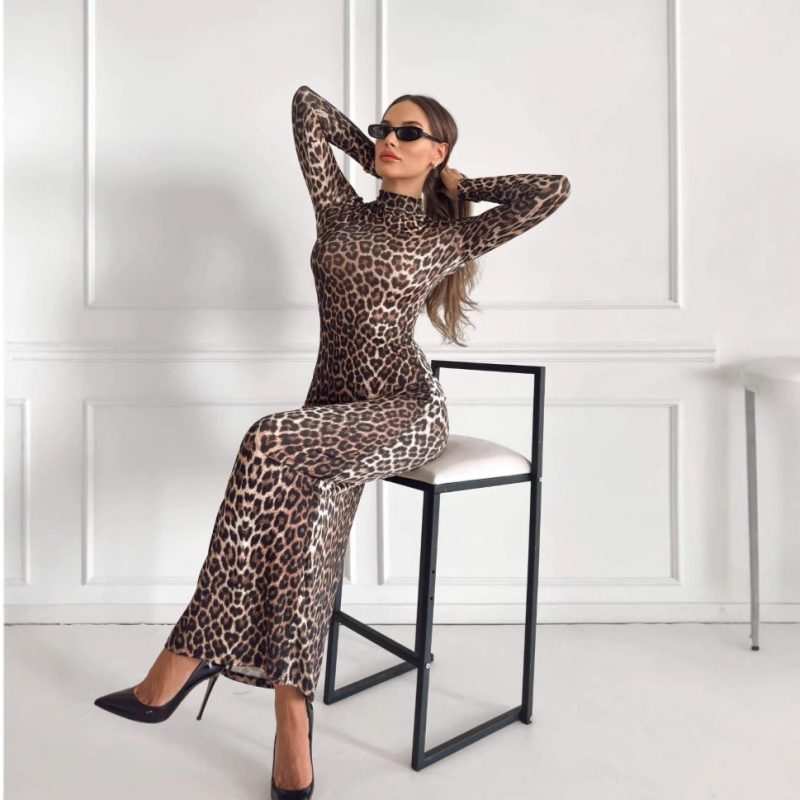 Women’s Autumn Leopard Print Stand Collar Maxi Dress