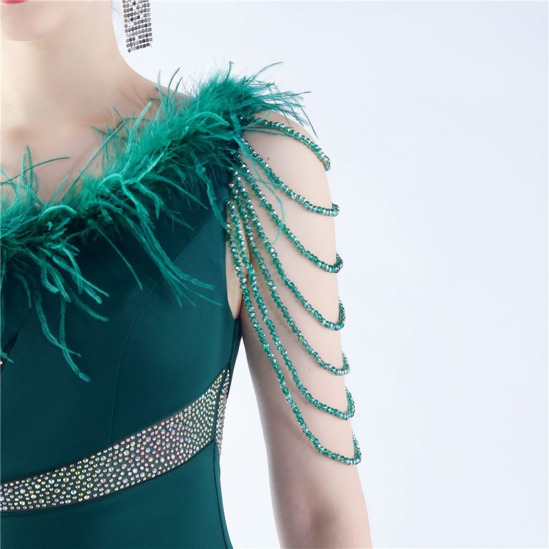 Rhinestone Beaded One Shoulder Feather Evening Dress - Image 4