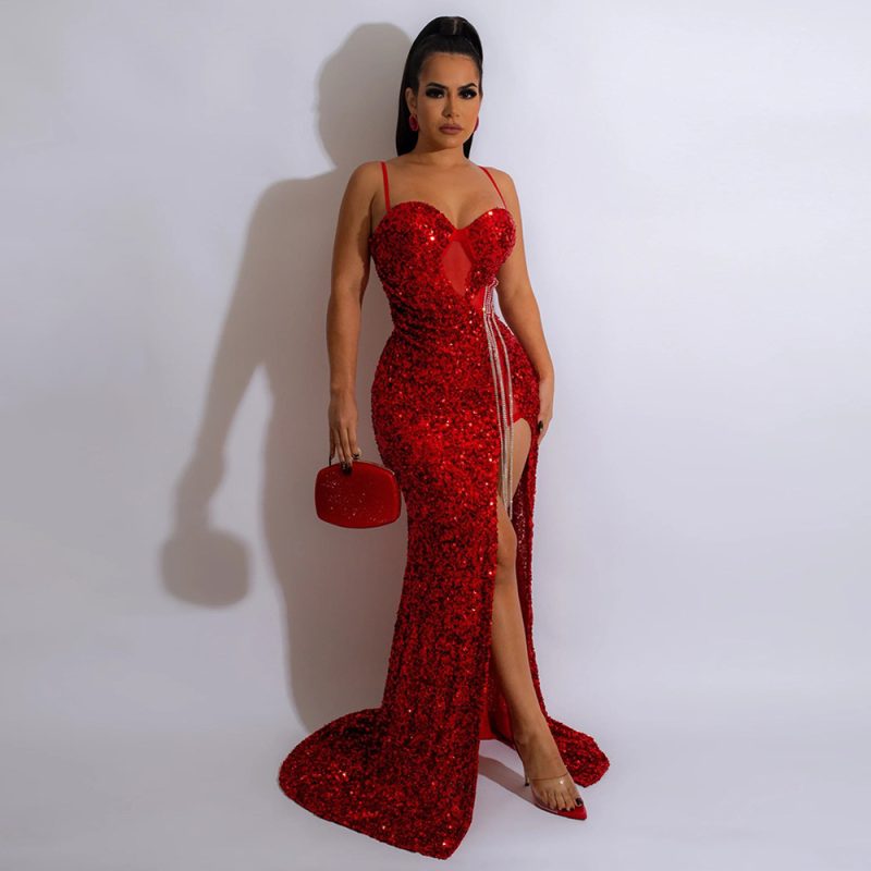Women’s Spaghetti Strap Sleeveless Sequin Split Dress