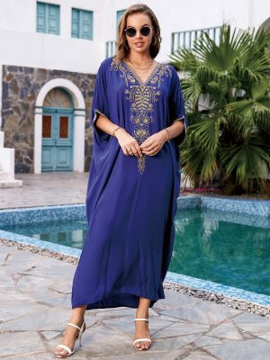 Navy Blue Embroidered Rayon Beach Cover-Up Robe