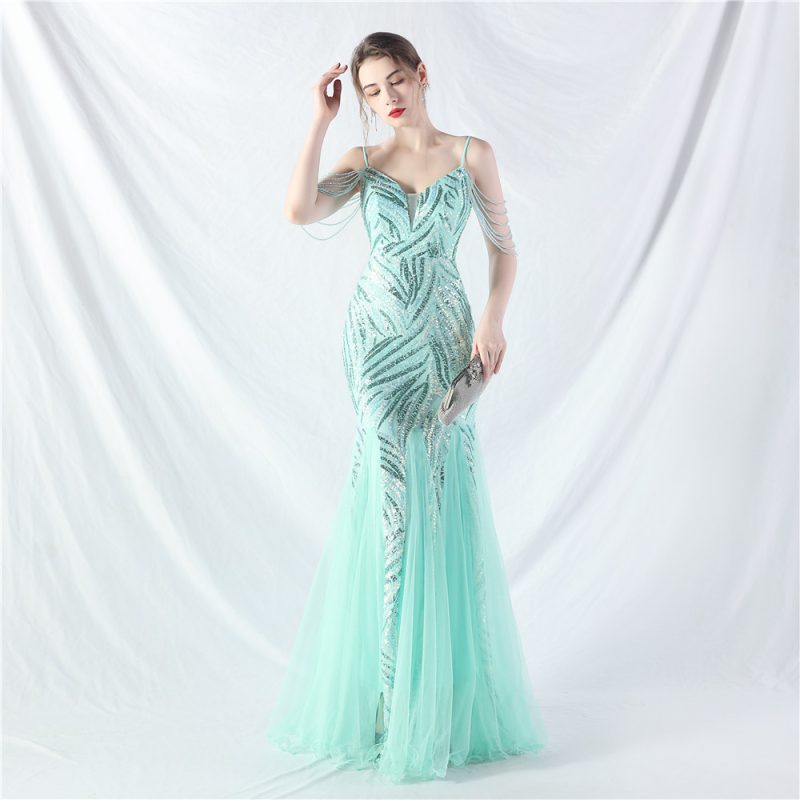 High-End Sequin Mesh Beaded Evening Party Dress - Image 2
