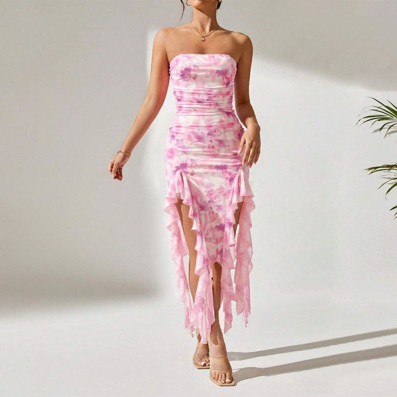 Strapless Ruffled Slit Dress for Summer Women