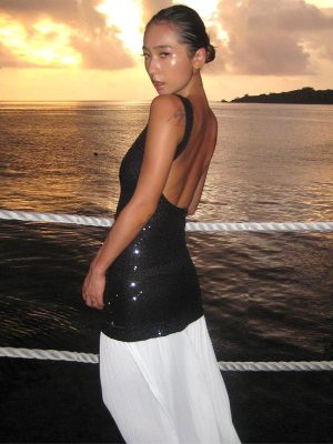 Autumn Backless Sleeveless Sequin Pleated Long Dress
