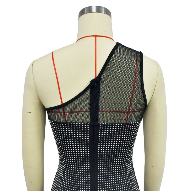 One Shoulder Mesh Rhinestone Feather Bandage Dress - Image 4