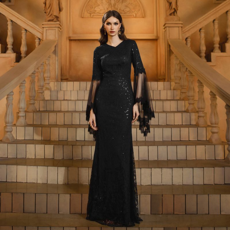 Women’s Long Sleeve Sequin V-Neck Fishtail Dress - Image 4