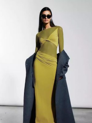 Mesh Stitching Sheer Long Sleeve Maxi Dress
