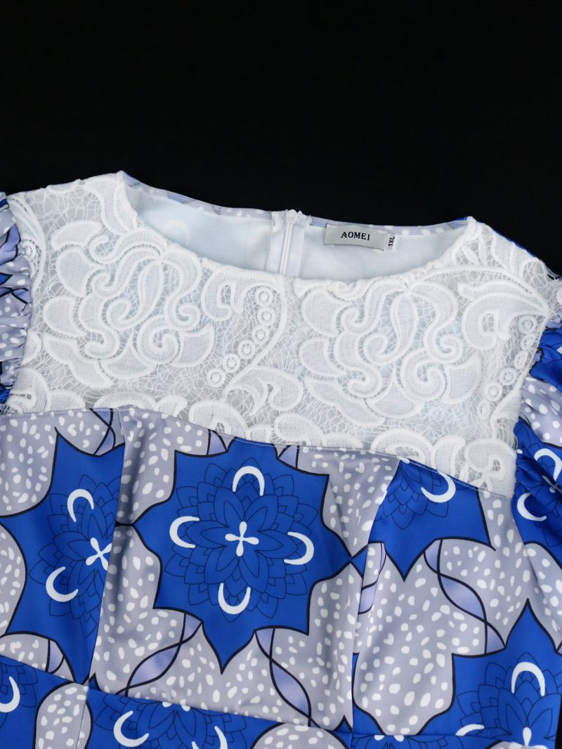 Women’s Printed Lace Stitch Lantern Sleeve Dress - Image 4