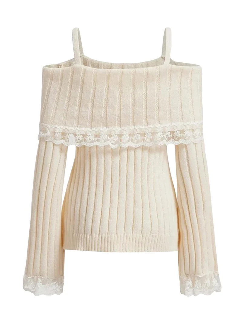 Cold Shoulder Sweater Lace Trim Knit Bow Front Pullover - Image 2