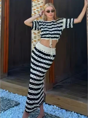 Striped Knit Hollow Out Two Piece Beach Skirt Set