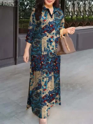 Autumn Floral Cotton Maxi Shirt dress