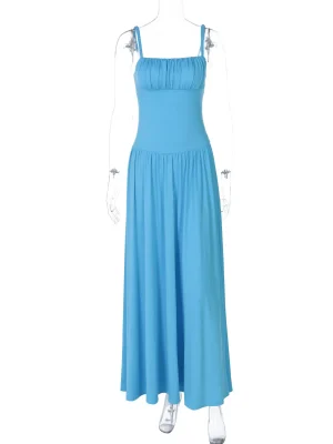 Summer Blue Spaghetti Strap Backless Maxi Dress