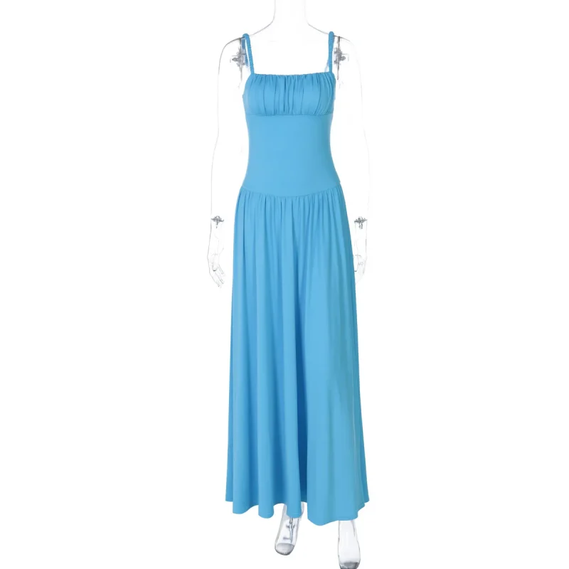 Summer Blue Spaghetti Strap Backless Maxi Dress