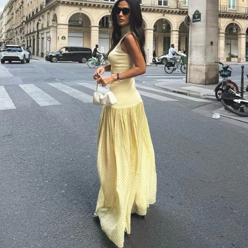 Chic Dot Patchwork Turtleneck Maxi Dress Sheer Elegant - Image 2