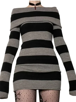 Striped Bodycon Dress Boat Neck Long Sleeve