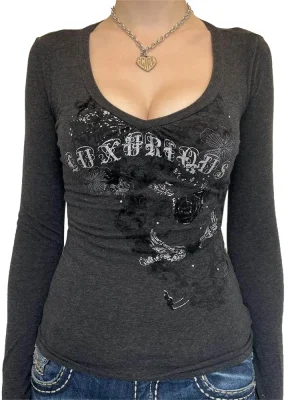 Gothic Graphic Long Sleeve Tee Y2K Punk Grunge Top