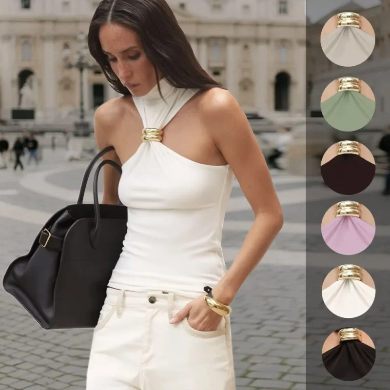 Summer Off-Shoulder Metal Ring Crop Top - Image 2