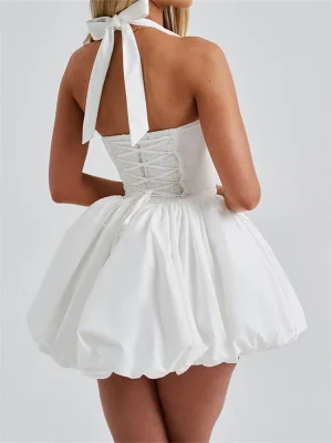 Women's Halter Corset Dress Backless Tie-Up Bubble Mini Dress