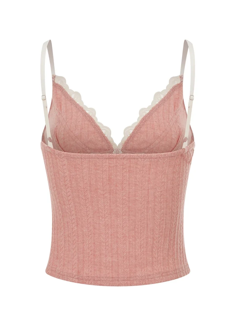 Lace Trim V Neck Bow Tank Top Slim Y2K Crop Style - Image 4