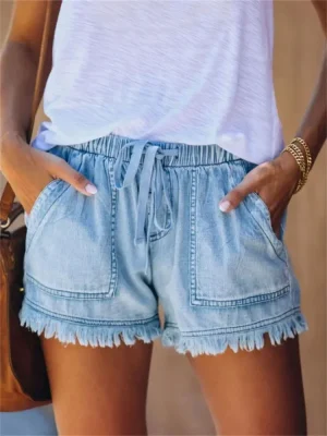 Women's Drawstring Denim Shorts Frayed Hem Casual Jeans