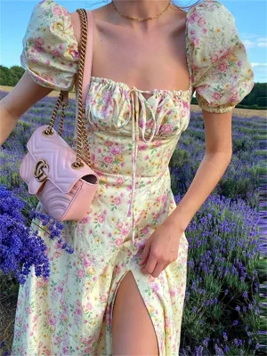 Vintage Floral Long Dress Puff Sleeve Square Neck Summer Style