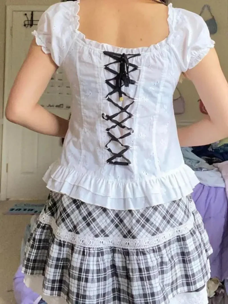 Kawaii Corset T-Shirt Lace Trim V Neck Slim Top - Image 5
