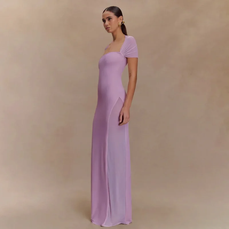 Elegant Purple Mesh Patchwork Maxi Dress - Image 2