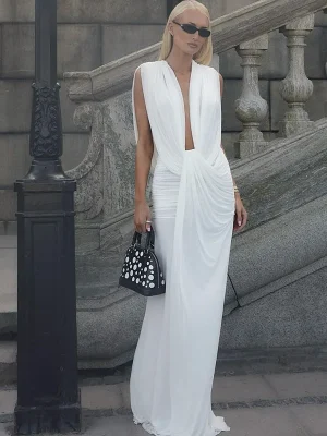 Elegant White Deep V-Neck Long Dress
