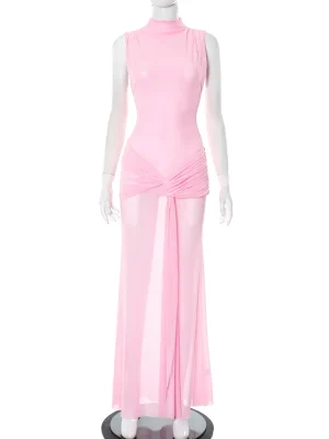 Pink Sheer Mesh Bodycon Maxi Dress