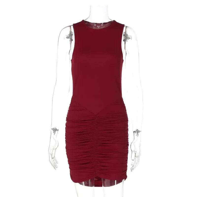 Elegant Red Ruched Mini Dress Sleeveless Bodycon - Image 6