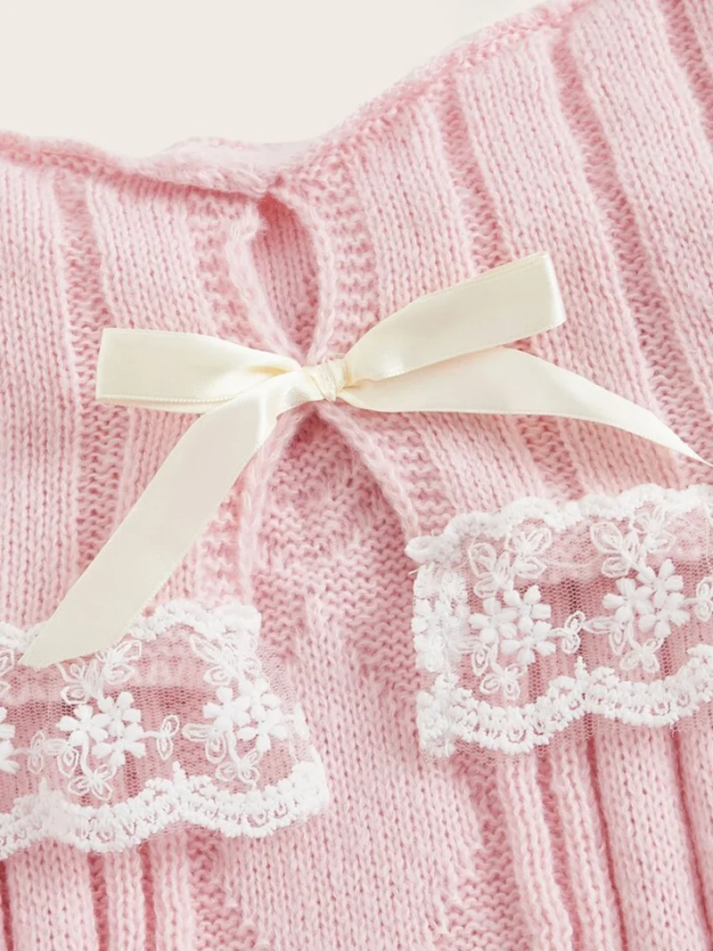Cold Shoulder Sweater Lace Trim Knit Bow Front Pullover - Image 6