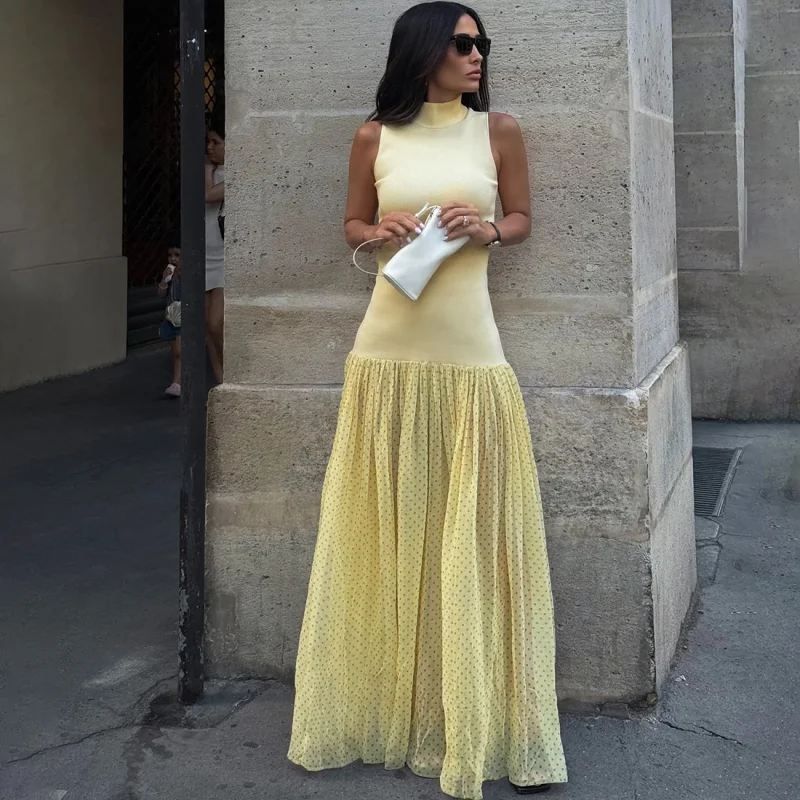 Chic Dot Patchwork Turtleneck Maxi Dress Sheer Elegant