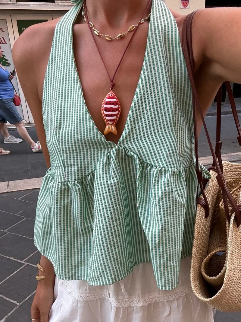 Plaid Babydoll Halter Crop Top Sleeveless Tie-up Vest - Image 3