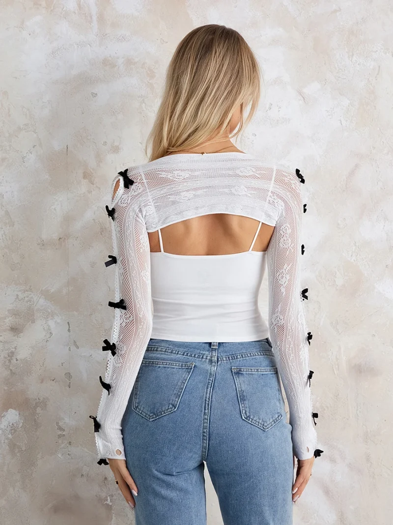 Women's Lace Shrug Crop Top with Fishnet Sleeve Gloves - Image 6