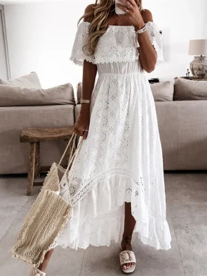 White Off Shoulder Lace Dress Summer Beach Style