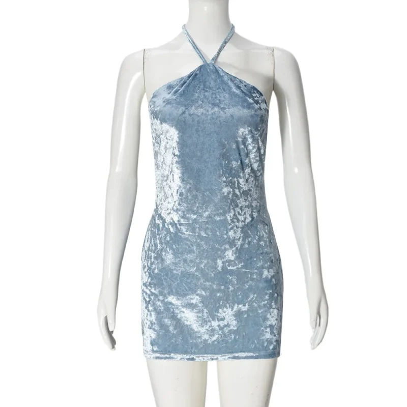 Summer Blue Velvet Halter Mini Dress Backless Sleeveless - Image 6