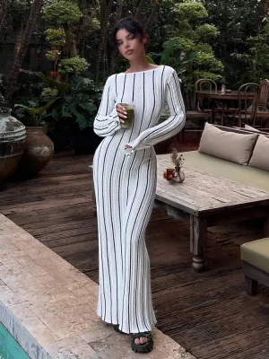 Autumn Striped Knit Maxi Dress