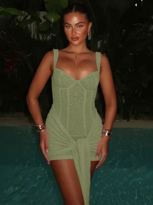 Green Lace Bandage Backless Bodycon Mini Dress