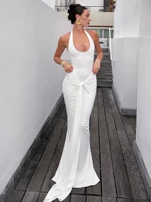 White Halter Backless Maxi Dress