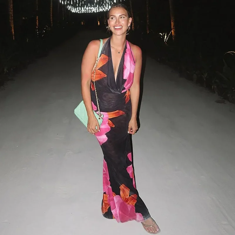 Mesh Printed Halter Backless Dress - Image 3