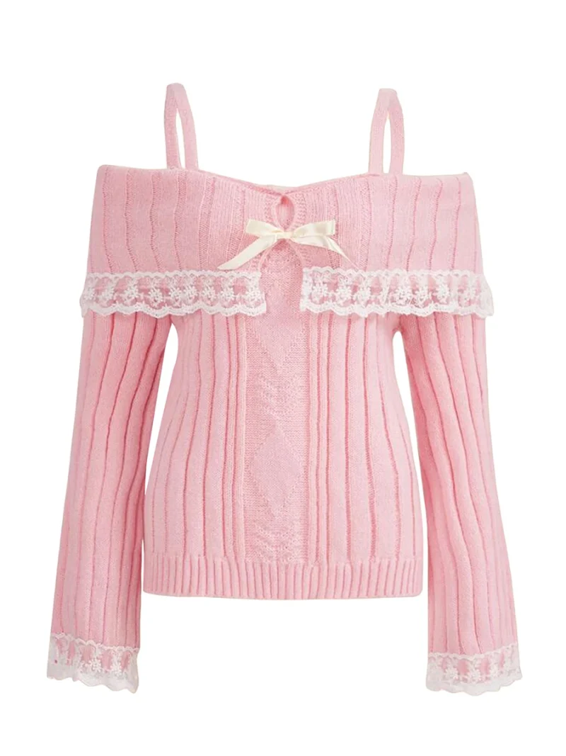 Cold Shoulder Sweater Lace Trim Knit Bow Front Pullover - Image 5